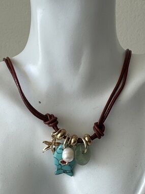 Camila Coelho Genuine Leather Freshwater Pearl Semi Precious Stone Necklace Tan